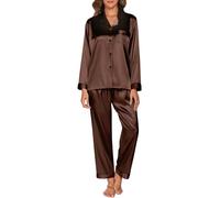 Reliwel Conjunto de Pijama Seda Mujer 2 Piezas Manga Larga con Botones Ropa de Dormir Satén Ropa de Noche Largo Pantalón Pijama Botones Mujer Loungewear S~XXL