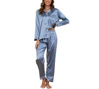 Reliwel Conjunto de Pijama Seda Mujer 2 Piezas Manga Larga con Botones Ropa de Dormir Satén Ropa de Noche Largo Pantalón Pijama Botones Mujer Loungewear S~XXL