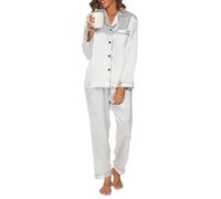 Reliwel Conjunto de Pijama Seda Mujer 2 Piezas Manga Larga con Botones Ropa de Dormir Satén Ropa de Noche Largo Pantalón Pijama Botones Mujer Loungewear S~XXL