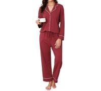 Reliwel Conjunto Pijama Mujer Dos Piezas Largo con Botones Comodo Pjs Ropa de Dormir Cárdigan Top y Pijama Pantalones con Cordón S-XXL