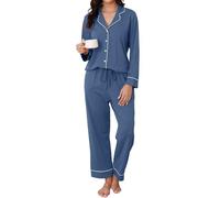 Reliwel Conjunto Pijama Mujer Dos Piezas Largo con Botones Comodo Pjs Ropa de Dormir Cárdigan Top y Pijama Pantalones con Cordón S-XXL