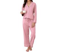 Reliwel Conjunto Pijama Mujer Dos Piezas Largo con Botones Comodo Pjs Ropa de Dormir Cárdigan Top y Pijama Pantalones con Cordón S-XXL
