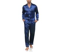 Reliwel Pijama de Satén para Hombre Manga Larga con Botones y Pantalones Largos Otoño y Invierno Ropa de Descanso Conjuntos de 2 Piezas S-XXL