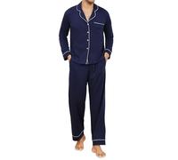 Reliwel Pijama Hombre Algodon Ropa de Dormir Manga Larga con Botones Cordón Largos Manga Larga Dos Piezas Suave y Cómodo Azul Marino, XXL