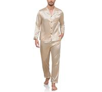 Reliwel Pijama Hombre Verano Satén Pijama de Seda para Hombre Manga Larga con Botones y Pantalones Largos Ropa de Descanso Conjuntos de 2 Piezas S-XXL