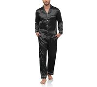 Reliwel Pijama Hombre Verano Satén Pijama de Seda para Hombre Manga Larga con Botones y Pantalones Largos Ropa de Descanso Conjuntos de 2 Piezas S-XXL