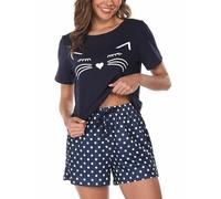 Reliwel Pijama Mujer Algodon Corto Conjunto de Pijama Manga Corta Mujer de 2 Piezas Impresión de Gato Ropa de Dormir de Casa Conjuntos de Salón Camiseta y Pantalones Corto con Bolsillos y Cordón S-XXL