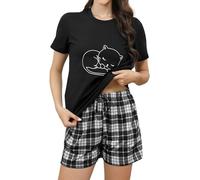 Reliwel Pijama Mujer Corto Pijamas Mujer Verano de Algodon de Manga Corta Pijama para Dormir Suave Top y Pantalones Cortos 2 Piezas Negro-a, XL