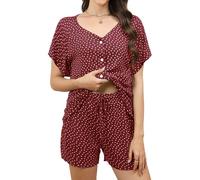 Reliwel Pijama Mujer Verano Algodón con Botones Conjunto de Pijamas Mujer Corto con Cuello en V Pijama Camisero y Pantalones Cortos con Bolsillos y Cordón Burdeos, XL