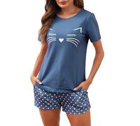 Reliwel Pijama Mujer Verano Algodon Manga Corta Conjunto de Pijama con Estampado de Gatos Mujer de 2 Piezas Ropa De Dormir Camiseta y Pantalones Corto de Casa Conjuntos De Salón Azul Claro, S