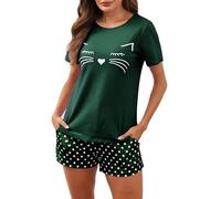 Reliwel Pijama Mujer Verano Algodon Manga Corta Suave Pijamas de Mujer 2 Piezas Impresión de Rayas de Gato Ropa de Dormir de Salón Camiseta y Pantalones Corto con Bolsillos y Cordón S-XXL