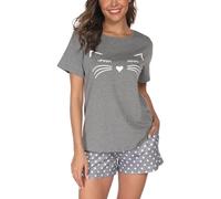 Reliwel Pijama Mujer Verano Algodon Manga Corta Suave Pijamas de Mujer 2 Piezas Impresión de Rayas de Gato Ropa de Dormir de Salón Camiseta y Pantalones Corto con Bolsillos y Cordón S-XXL