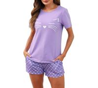 Reliwel Pijama Mujer Verano Algodon Manga Corta Suave Pijamas de Mujer 2 Piezas Impresión de Rayas de Gato Ropa de Dormir de Salón Camiseta y Pantalones Corto con Bolsillos y Cordón S-XXL
