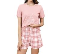 Reliwel Pijama Mujer Verano Manga Corta Algodón Pijamas de Mujer Conjunto Pijama Estampado en Cuello Redondo para Casual Ropa de Dormir con Bolsillos y Cordón Rosa-a, M