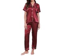 Reliwel Pijama Mujer Verano Seda Manga Cortos Pijama Saten Mujer con Bolsillo Botón Cuello En V Camisetas y Pantalón Largo Ropa de Dormir 2 Piezas Ropa de Noche Loungewear S~XXL
