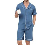 Reliwel Pijamas Hombre Verano Algodón Manga Corta Conjunto de Pijamas Camiseta y Pantalones Cortos con Bolsillos Suave y Cómodo Azul, L