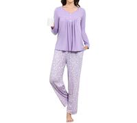 Reliwel Pijamas Mujer Largo Invierno Pijama Cómodo Conjunto Pijamas Mujer Cuello en V con Pantalón - Ropa de Estar por Casa con Estampado Floral Morado, S