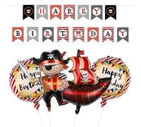 RELKLYU 4 Globos Piratas De Dibujos Animados, 1 Bandera De Cumpleaños Pirata, Pancarta con Letras Montada En La Pared, Elementos De Exhibición para Diseños De Escenas.