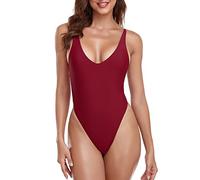 RELLECIGA Traje de baño de una Pieza de Tanga de Corte Alto y Espalda Baja para Mujer, Rojo Vino, Small