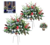 Relleno de urna de Navidad artificial preiluminado, árboles de pino artificiales iluminados con estaca de trípode, arbustos para macetas al aire libre con bayas rojas, conos de pino, decoraciones de