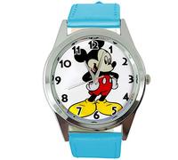 Reloj analógico de cuarzo con correa de piel auténtica azul redondo para fanático de Mickey Mouse de TAPORT®