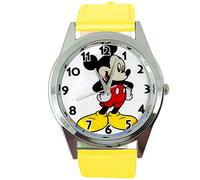 Reloj analógico de cuarzo con correa de piel auténtica de color amarillo redondo para fanático de Mickey Mouse de Taport