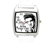 Reloj analógico de cuarzo con correa de piel auténtica de color blanco cuadrado para el ventilador de Elvis Presley de TAPORT®