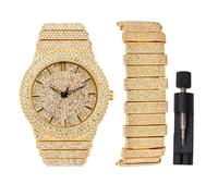 Reloj analógico de cuarzo para hombre, chapado en oro, esfera pesada con números romanos, caja rectangular de lujo, caja de regalo, Gold Set III, Lujo