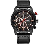 Reloj analógico de cuarzo para hombre, correa de cuero, clásico, casual, acero inoxidable, impermeable, cronógrafo, fecha, color negro, Negro -, Deportes