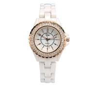 Reloj analógico de cuarzo para mujer, con cristales Swarovski, resistente al agua, de cerámica, color blanco, Oro, Moderno