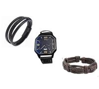 Reloj analógico de cuero con 2 pulseras trenzadas para hombre, pulsera clásica de cuero trenzado hecha a mano con reloj casual de cuarzo para hombre, juego de 3 piezas para él (esfera azul marino con