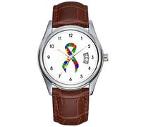 Reloj casual impermeable de cuarzo para hombre, reloj de fecha, clásico, de negocios, de cuero marrón, reloj de pulsera de Navidad, rompecabezas, cinta de apoyo, reloj de pulsera para concienciación,