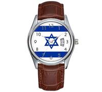 Reloj casual impermeable de cuarzo para hombre, reloj de fecha, clásico, negocios, cuero marrón, reloj de pulsera de Navidad, bandera de Israel, judío David, reloj de estrella, Marrón, Comercial