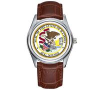 Reloj casual impermeable de cuarzo para hombre, reloj de fecha, clásico, negocios, cuero marrón, reloj de pulsera de Navidad, relojes de sello del estado de Illinois, Marrón, Comercial