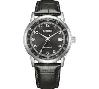 Citizen NJ0210-05E - Reloj automático para hombre con caja de acero inoxidable, cristal de zafiro, esfera negra y correa de piel
