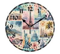 Reloj Cocina Pared,Acuarela de un hito Tropical,Decorativo Relojes Moderno Reloj de Pared Redondo para Sala de Estar Comedor 25cm