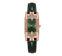 Reloj cuadrado retro para mujer con diamantes incrustados esfera de escala simple reloj analógico de cuarzo reloj con correa de cuero PU de moda, verde, Correa