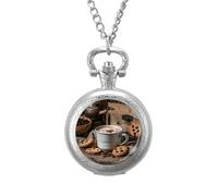 Reloj de bolsillo con diseño de taza de café blanca con espuma y galletas, reloj de bolsillo vintage con colgante de aleación, collar de regalo para hombres y mujeres, Estilo plateado, talla única