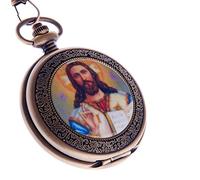Reloj de Bolsillo con Mecanismo de Cuarzo, Cadena de Bronce Full Hunter, Números Arábigos y Diseño de Jesucristo PW-49