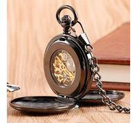Reloj de bolsillo Cool Black Double Hunter Design Relojes de bolsillo mecánicos Número romano Esfera esqueleto con cadena de regalo para el día del padre de cumpleaños