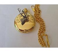 Reloj de bolsillo de cuarzo A21 con diseño de cabeza de ciervo pulido para hombre, hecho en Sheffield, dorado