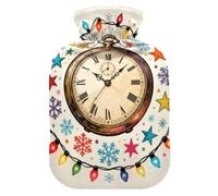 Reloj de bolsillo de Feliz Navidad con luces festivas, color beige, botella de agua caliente con cubierta suave, bolsa de calentador de 1 litro para alivio del dolor de cuello y hombro, alivio del