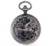 Reloj de bolsillo mecánico Steampunk vintage con diseño de números romanos tallados con cadena y caja, Bronce y azul