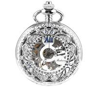 Reloj de bolsillo mecánico Treeweto, hueco con números romanos, diseño de flores, color plateado