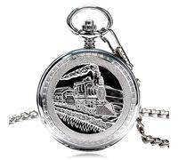 Reloj de bolsillo Reloj de bolsillo Reloj de bolsillo con cadena de motor de doble cazador Regalo de carreras Tren de vapor Reloj de bolsillo mecánico Regalo del día del padre de com, plateado