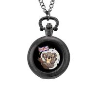 Reloj de bolsillo vintage con colgante de aleación con diseño de oso koala y bandera del Reino Unido, regalo para hombres y mujeres, Estilo negro, talla única