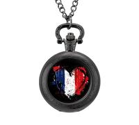 Reloj de bolsillo vintage con diseño de corazón de Francia, diseño de bandera vintage, reloj de bolsillo con colgante de aleación, collar de regalo, Estilo negro, talla única