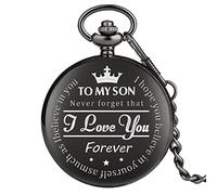 Reloj de bolsillo y cadena, reloj de bolsillo: Nunca olvides eso, te amo, for siempre, de papá/mamá a hijo/regalo Reloj de bolsillo de cuarzo Cadenas con clip negro Aniversario de cumpleaños ( Color :
