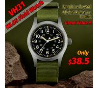 Reloj de campo Vintage Militado Ml05 VH31 barrido segundo movimiento de cuarzo cristal de zafiro revestimiento AR altamente transparente relojes luminosos de 38Mm PVD-Green No Arrow