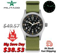 Reloj de campo Vintage Militado Ml05 VH31 barrido segundo movimiento de cuarzo cristal de zafiro revestimiento AR altamente transparente relojes luminosos de 38Mm PVD-Arrow Green